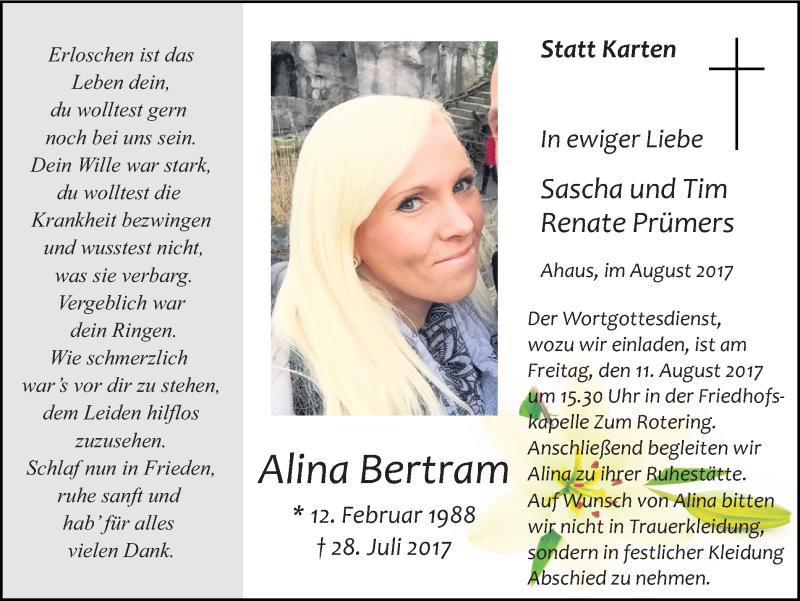  Traueranzeige für Alina Bertram vom 09.08.2017 aus Münstersche Zeitung und Münsterland Zeitung