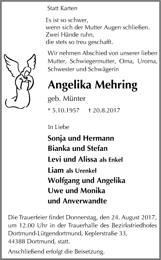  Traueranzeige für Angelika Mehring vom 22.08.2017 aus Ruhr Nachrichten