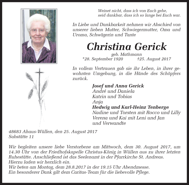  Traueranzeige für Christina Gerick vom 28.08.2017 aus Münstersche Zeitung und Münsterland Zeitung