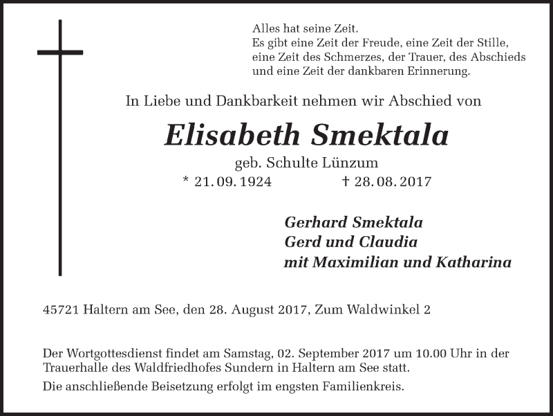  Traueranzeige für Elisabeth Smektala vom 31.08.2017 aus Ruhr Nachrichten und Halterner Zeitung