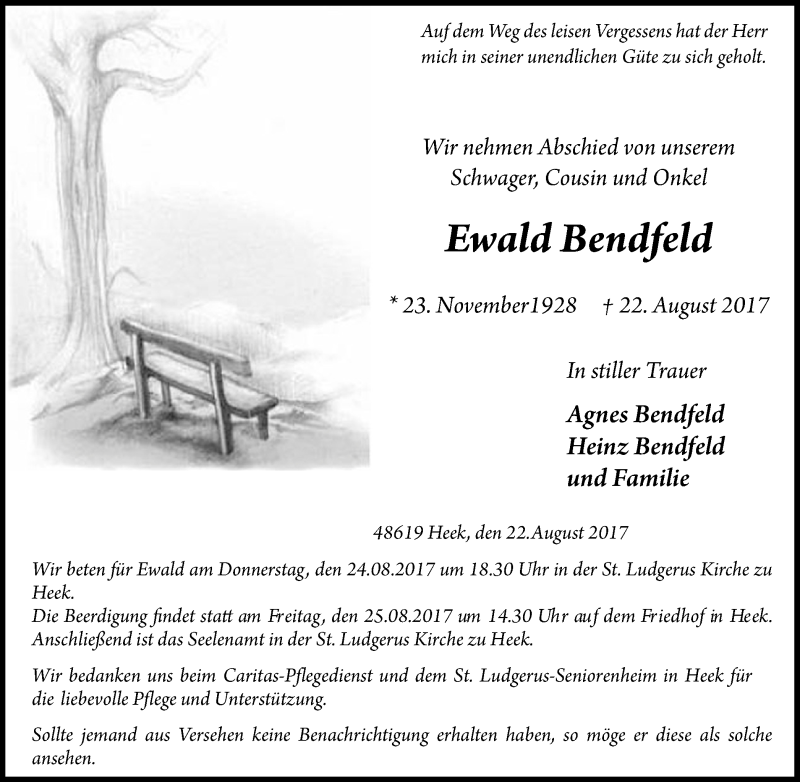  Traueranzeige für Ewald Bendfeld vom 23.08.2017 aus Münstersche Zeitung und Münsterland Zeitung