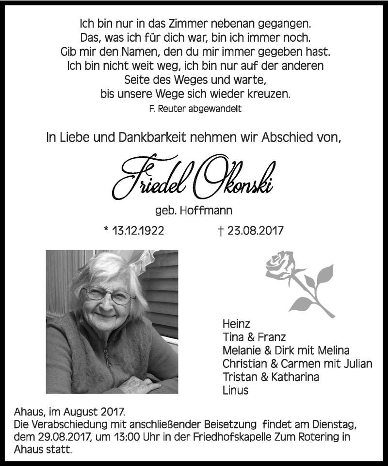  Traueranzeige für Friedel Okonski vom 26.08.2017 aus Münstersche Zeitung und Münsterland Zeitung