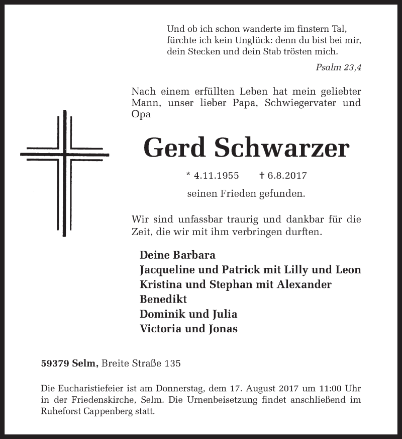  Traueranzeige für Gerd Schwarzer vom 15.08.2017 aus Ruhr Nachrichten