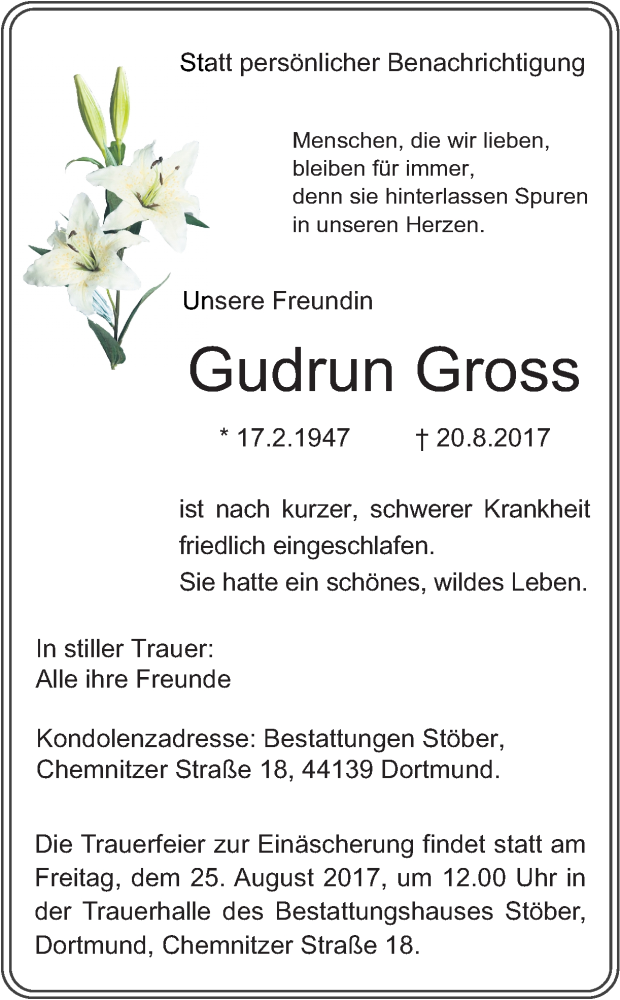  Traueranzeige für Gudrun Gross vom 22.08.2017 aus Ruhr Nachrichten