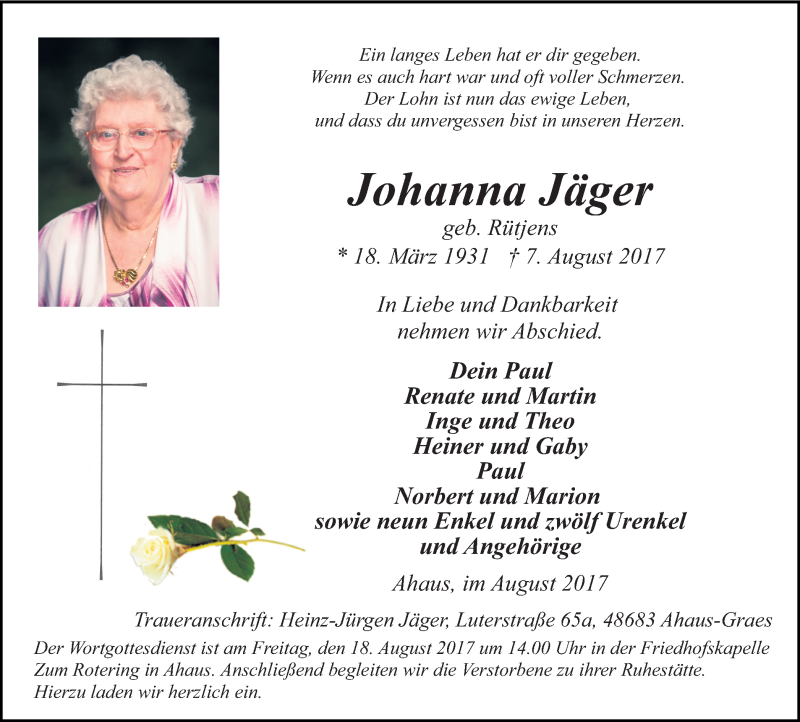  Traueranzeige für Johanna Jäger vom 12.08.2017 aus Münstersche Zeitung und Münsterland Zeitung