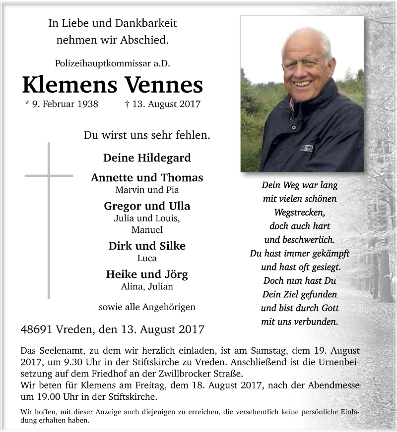  Traueranzeige für Klemens Vennes vom 15.08.2017 aus Münstersche Zeitung und Münsterland Zeitung