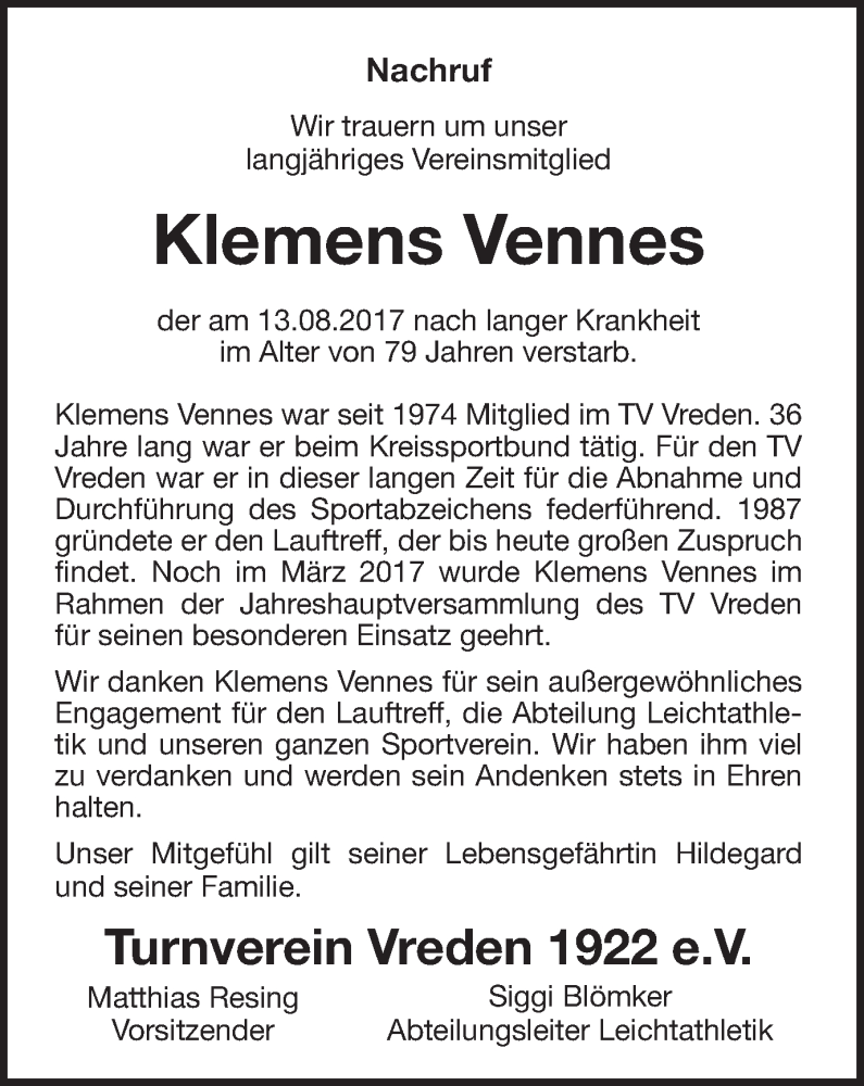  Traueranzeige für Klemens Vennes vom 18.08.2017 aus Münstersche Zeitung und Münsterland Zeitung