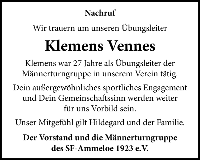  Traueranzeige für Klemens Vennes vom 18.08.2017 aus Münstersche Zeitung und Münsterland Zeitung