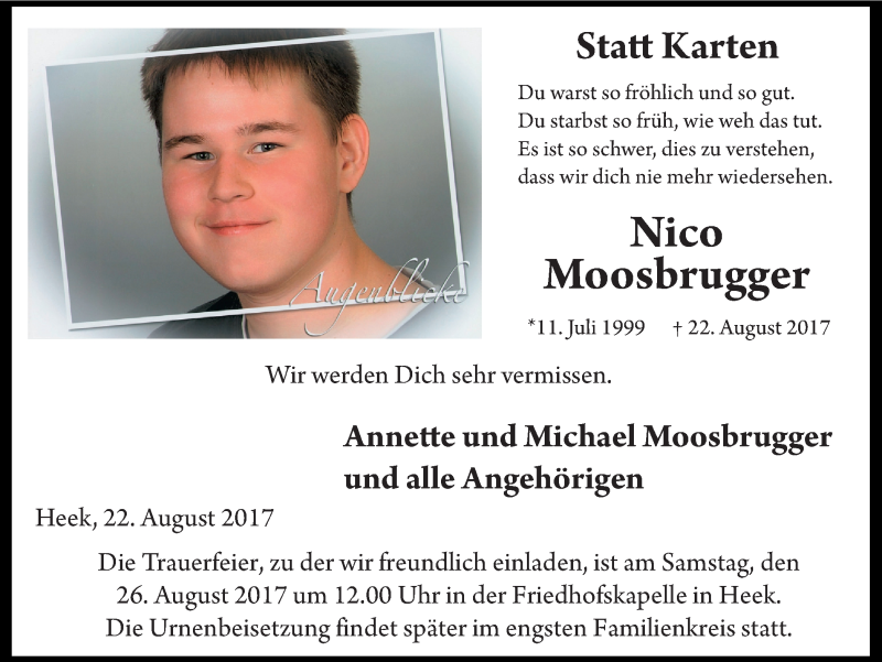  Traueranzeige für Nico Moosbrugger vom 24.08.2017 aus Münstersche Zeitung und Münsterland Zeitung