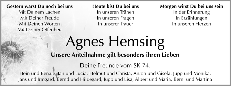  Traueranzeige für Agnes Hemsing vom 15.09.2017 aus Münstersche Zeitung und Münsterland Zeitung