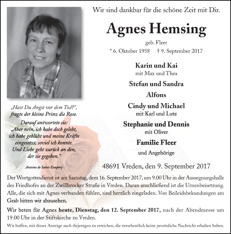  Traueranzeige für Agnes Hemsing vom 12.09.2017 aus Münstersche Zeitung und Münsterland Zeitung