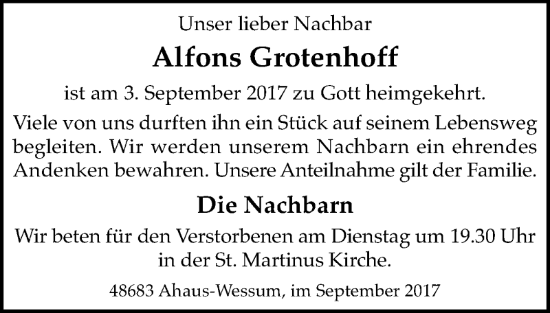  Traueranzeige für Alfons Grotenhoff vom 05.09.2017 aus Münstersche Zeitung und Münsterland Zeitung