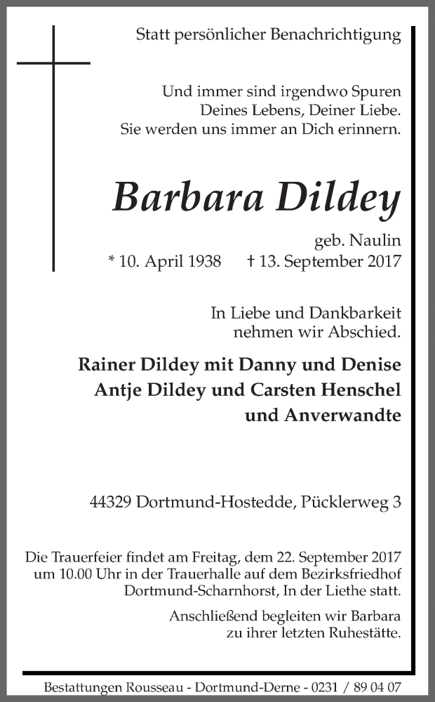  Traueranzeige für Barbara Dildey vom 19.09.2017 aus Ruhr Nachrichten