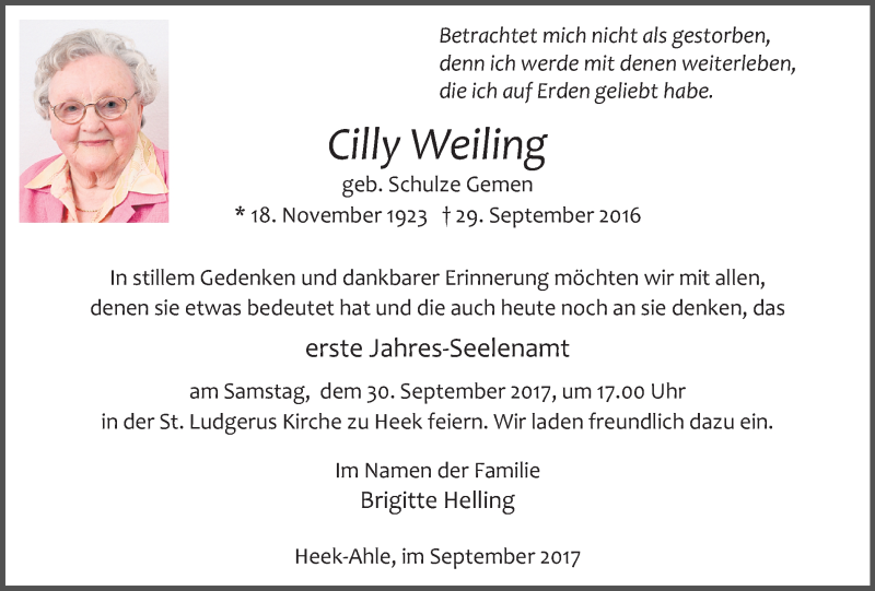  Traueranzeige für Cilly Weiling vom 27.09.2017 aus Münstersche Zeitung und Münsterland Zeitung