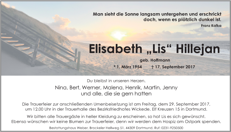  Traueranzeige für Elisabeth Hillejan vom 23.09.2017 aus Ruhr Nachrichten