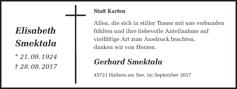  Traueranzeige für Elisabeth Smektala vom 23.09.2017 aus Ruhr Nachrichten und Halterner Zeitung