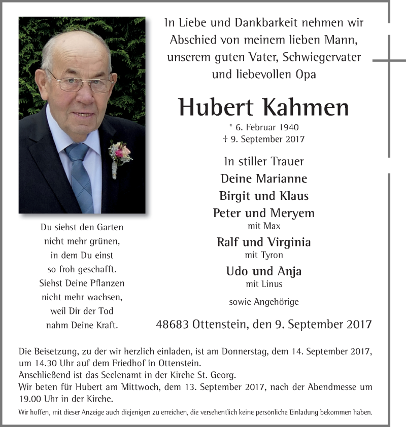  Traueranzeige für Hubert Kahmen vom 11.09.2017 aus Münstersche Zeitung und Münsterland Zeitung