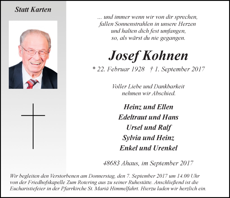  Traueranzeige für Josef Kohnen vom 04.09.2017 aus Münstersche Zeitung und Münsterland Zeitung