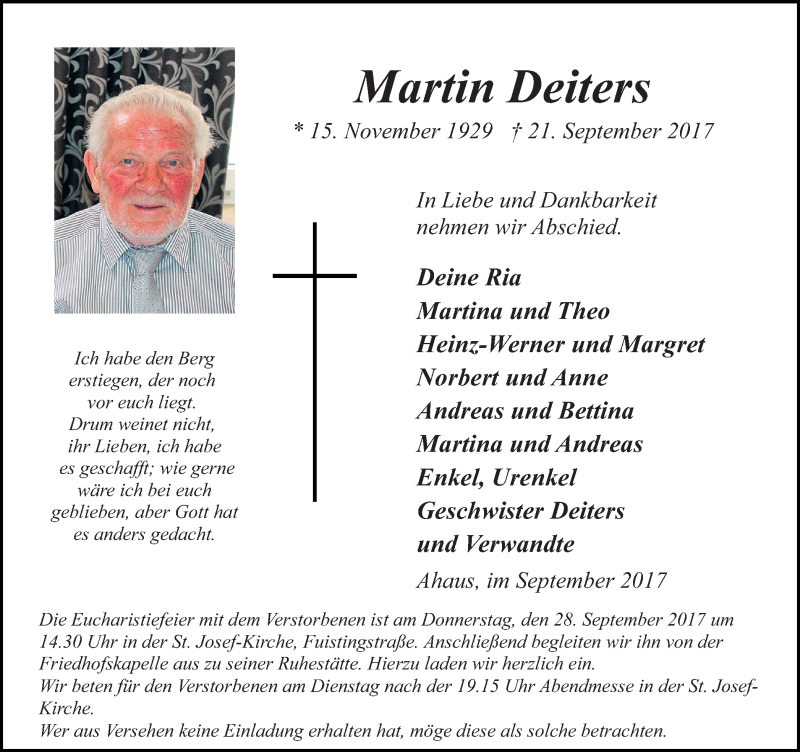  Traueranzeige für Martin Deiters vom 23.09.2017 aus Münstersche Zeitung und Münsterland Zeitung