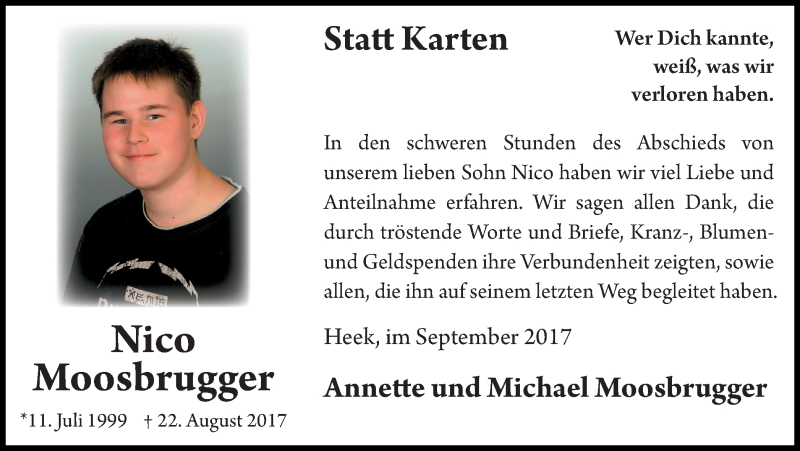  Traueranzeige für Nico Moosbrugger vom 16.09.2017 aus Münstersche Zeitung und Münsterland Zeitung