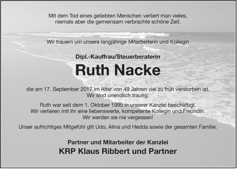  Traueranzeige für Ruth Nacke vom 20.09.2017 aus 