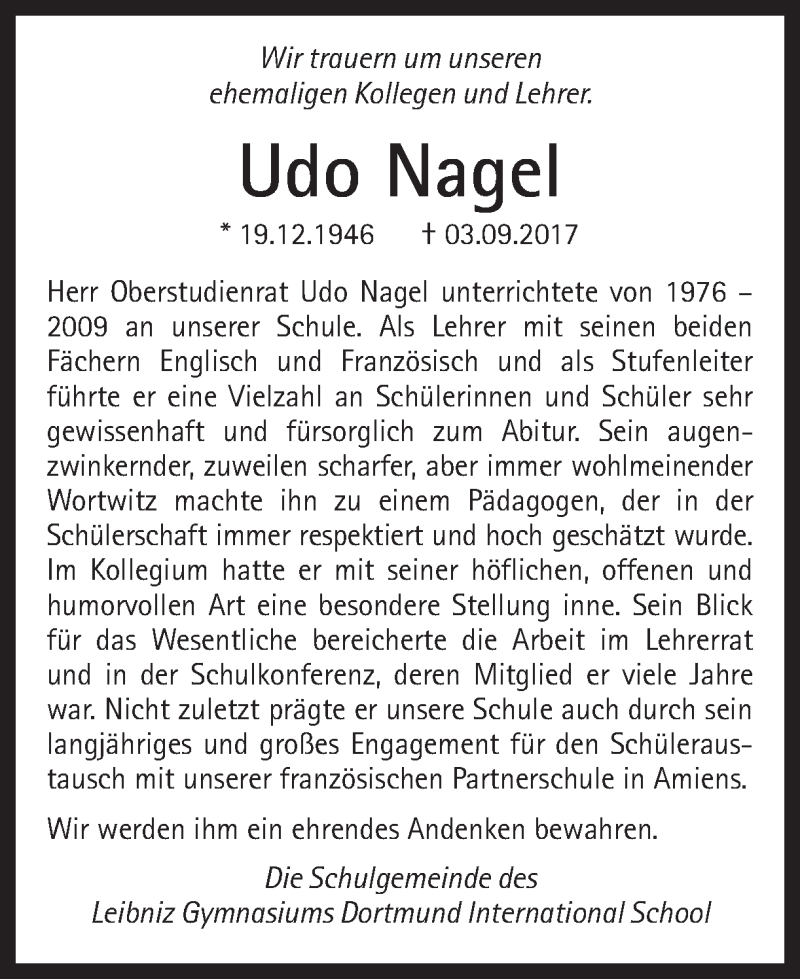  Traueranzeige für Udo Nagel vom 16.09.2017 aus Ruhr Nachrichten