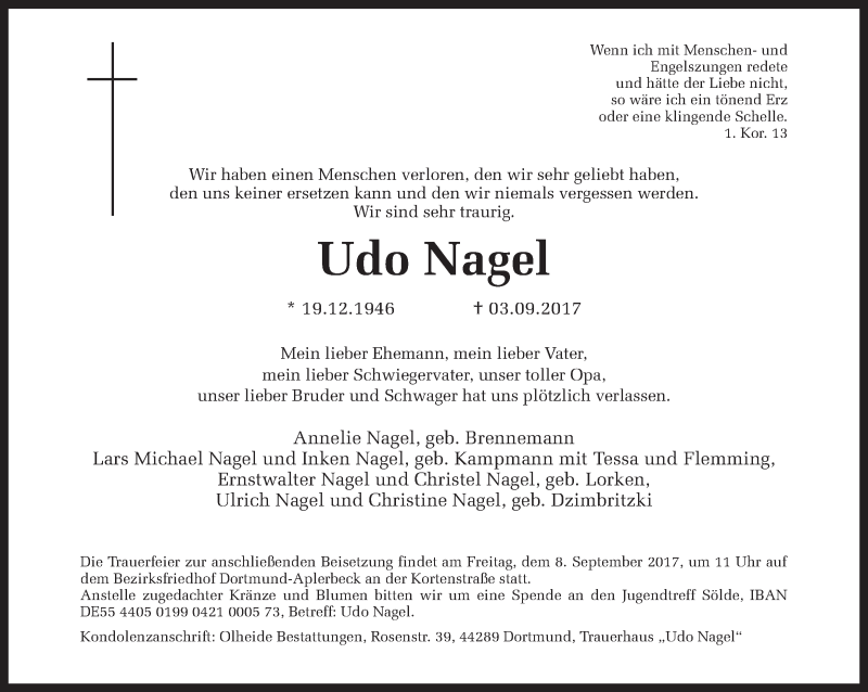  Traueranzeige für Udo Nagel vom 06.09.2017 aus Ruhr Nachrichten