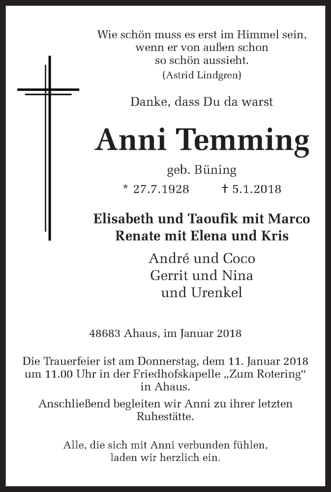  Traueranzeige für Anni Temming vom 08.01.2018 aus Münstersche Zeitung und Münsterland Zeitung