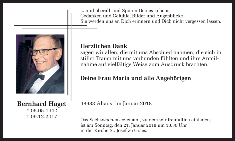  Traueranzeige für Bernhard Haget vom 17.01.2018 aus Münstersche Zeitung und Münsterland Zeitung