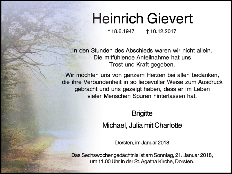  Traueranzeige für Heinrich Gievert vom 17.01.2018 aus Ruhr Nachrichten und Dorstener Zeitung