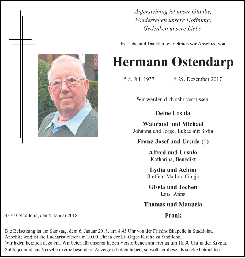  Traueranzeige für Hermann Ostendarp vom 04.01.2018 aus Münstersche Zeitung und Münsterland Zeitung
