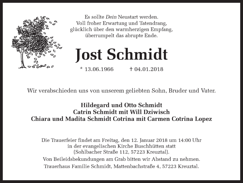  Traueranzeige für Jost Schmidt vom 09.01.2018 aus Ruhr Nachrichten