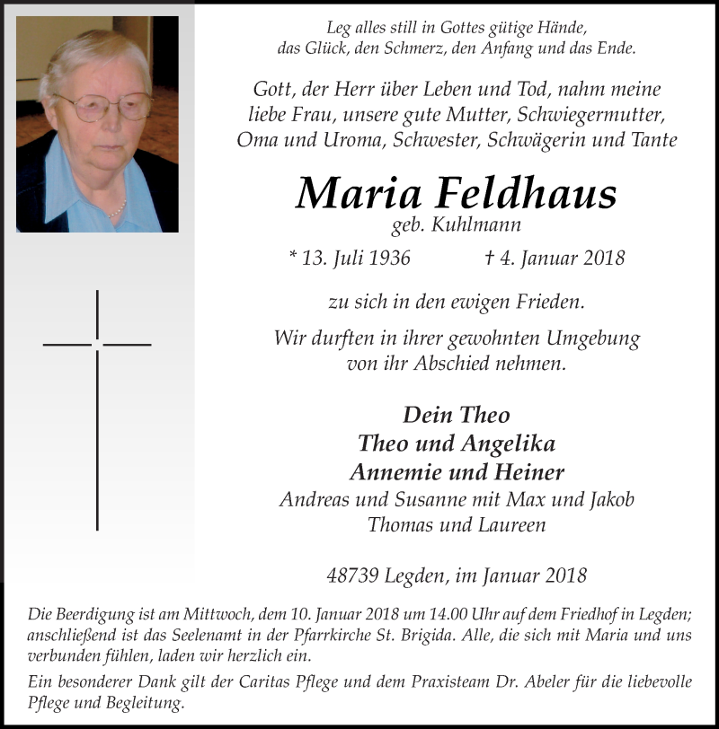  Traueranzeige für Maria Feldhaus vom 06.01.2018 aus Münstersche Zeitung und Münsterland Zeitung