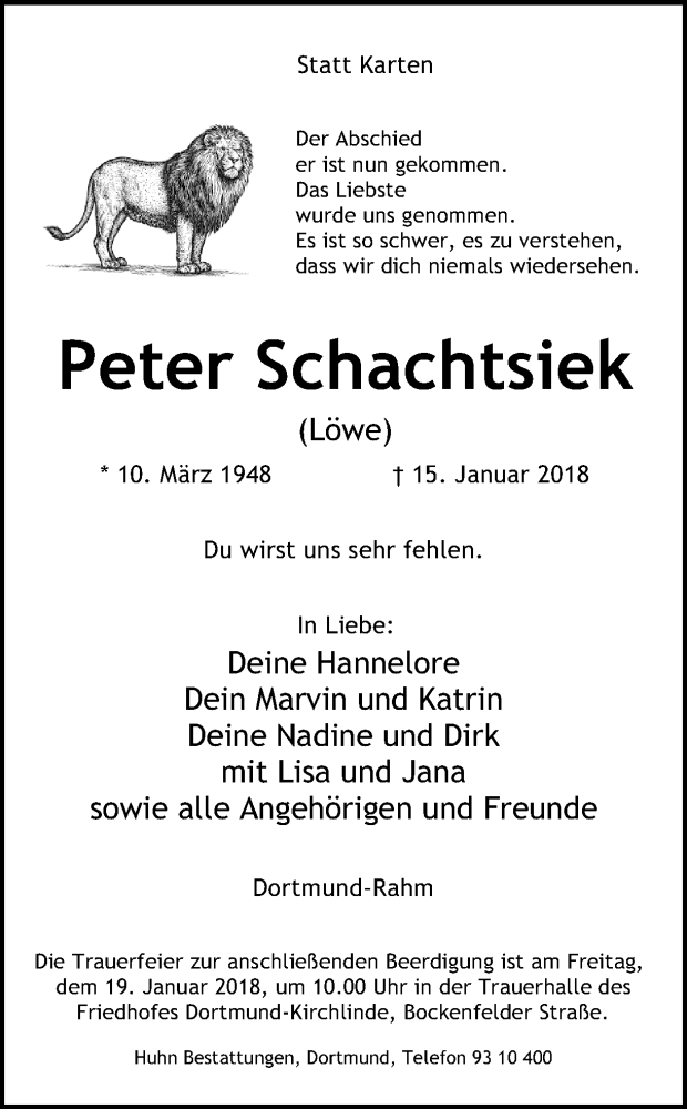  Traueranzeige für Peter Schachtsiek vom 17.01.2018 aus Ruhr Nachrichten
