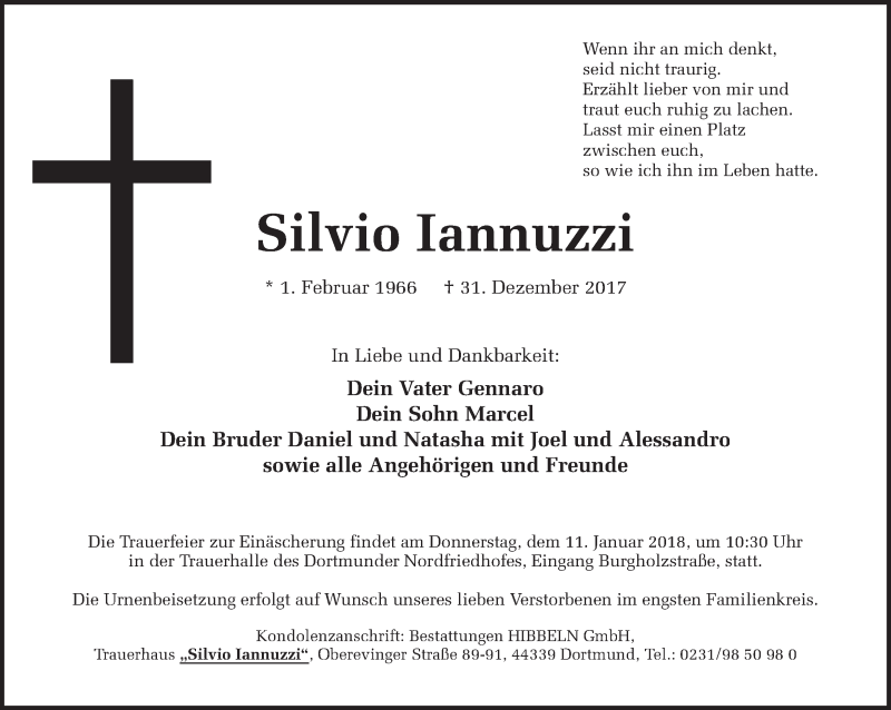  Traueranzeige für Silvio Iannuzzi vom 06.01.2018 aus Ruhr Nachrichten