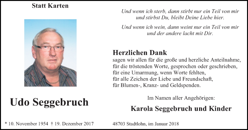  Traueranzeige für Udo Seggebruch vom 27.01.2018 aus Münstersche Zeitung und Münsterland Zeitung