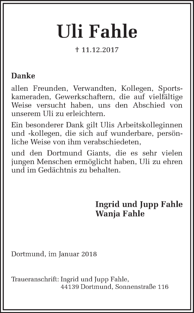  Traueranzeige für Uli Fahle vom 06.01.2018 aus Ruhr Nachrichten