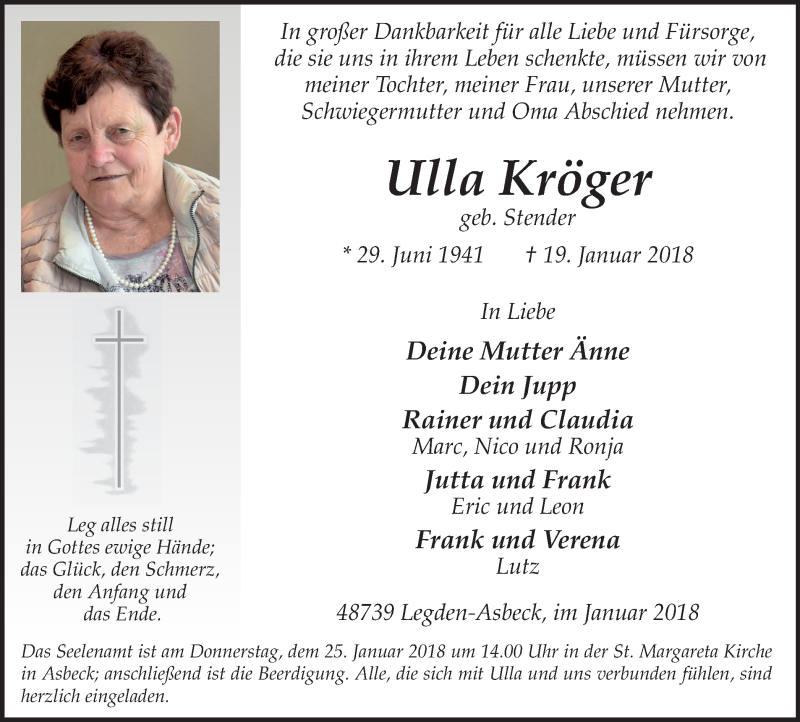  Traueranzeige für Ulla Kröger vom 23.01.2018 aus Münstersche Zeitung und Münsterland Zeitung