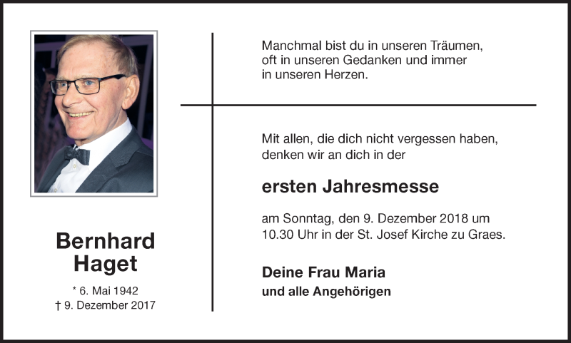  Traueranzeige für Bernhard Haget vom 05.12.2018 aus Münstersche Zeitung und Münsterland Zeitung