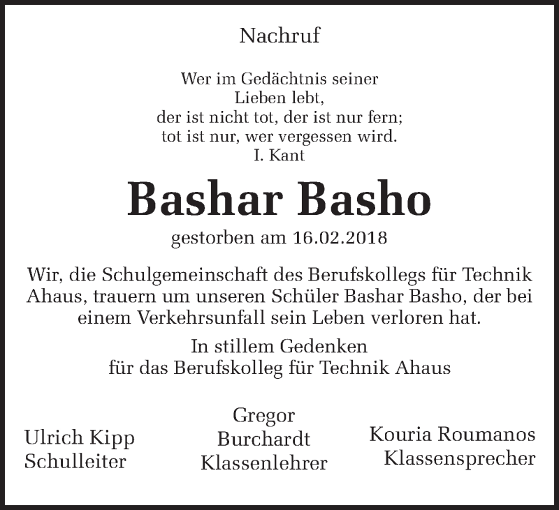  Traueranzeige für Bashar Basho vom 24.02.2018 aus Münstersche Zeitung und Münsterland Zeitung