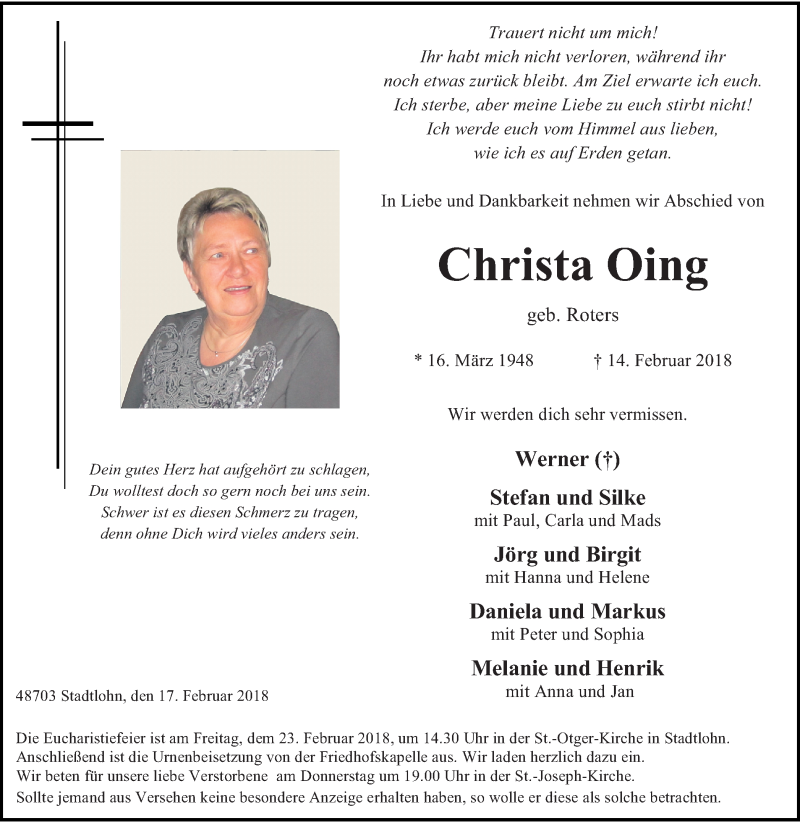  Traueranzeige für Christa Oing vom 17.02.2018 aus Münstersche Zeitung und Münsterland Zeitung