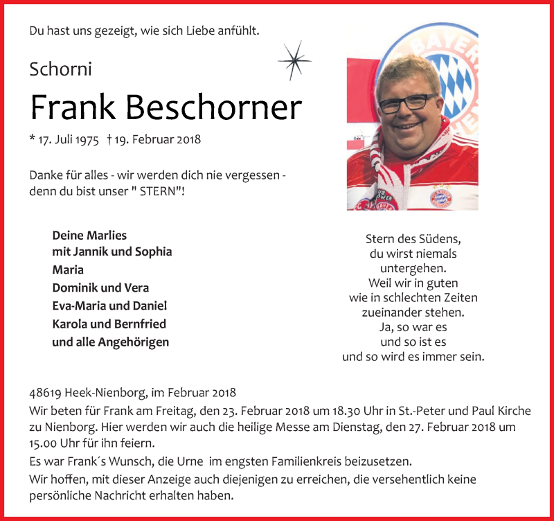  Traueranzeige für Frank Beschorner vom 22.02.2018 aus Münstersche Zeitung und Münsterland Zeitung
