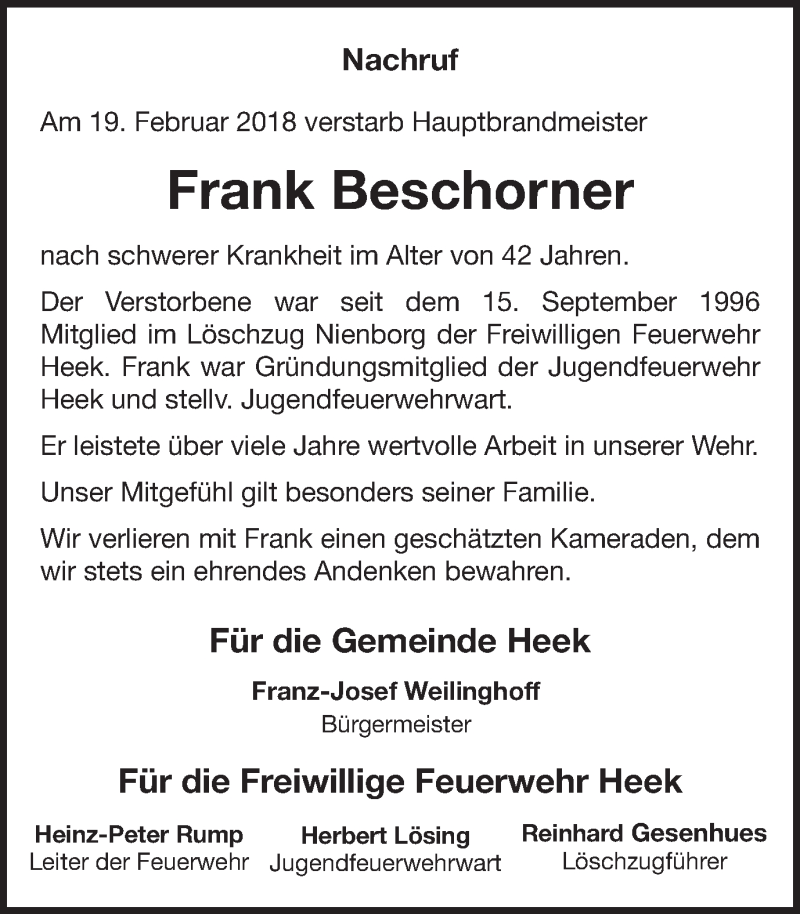  Traueranzeige für Frank Beschorner vom 27.02.2018 aus 