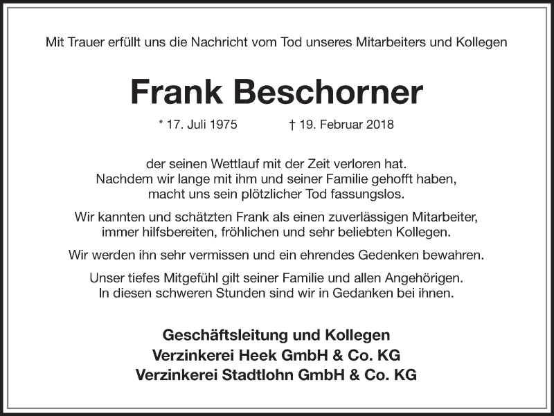  Traueranzeige für Frank Beschorner vom 24.02.2018 aus 