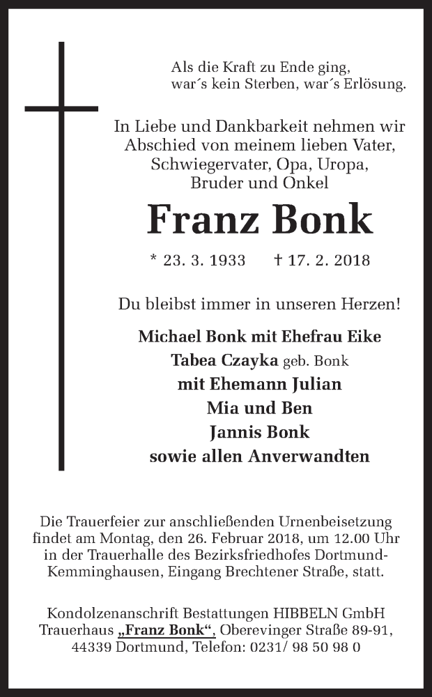  Traueranzeige für Franz Bonk vom 21.02.2018 aus Ruhr Nachrichten