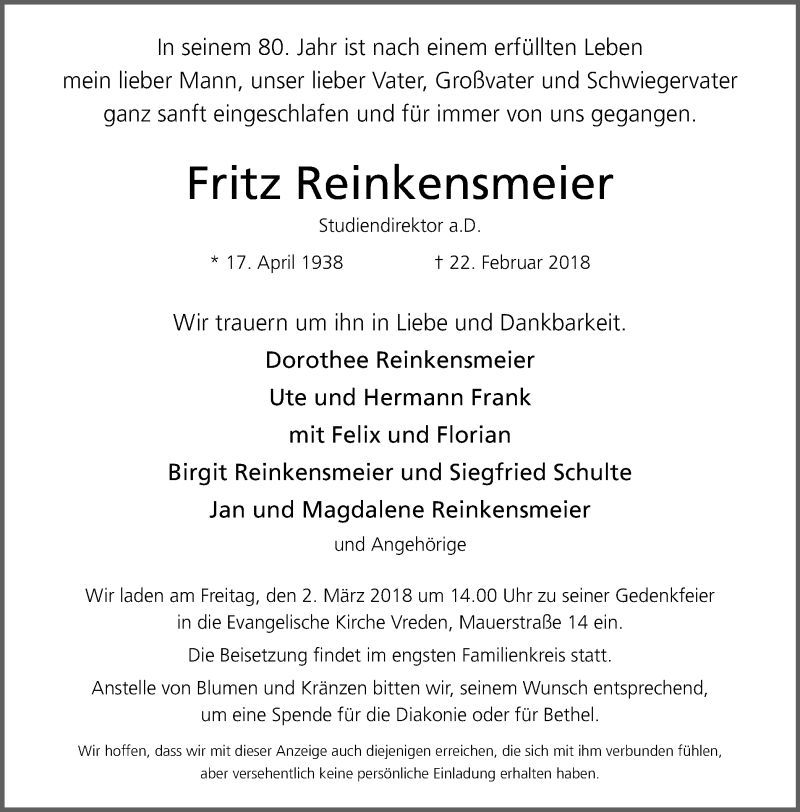  Traueranzeige für Fritz Reinkensmeier vom 26.02.2018 aus Münstersche Zeitung und Münsterland Zeitung
