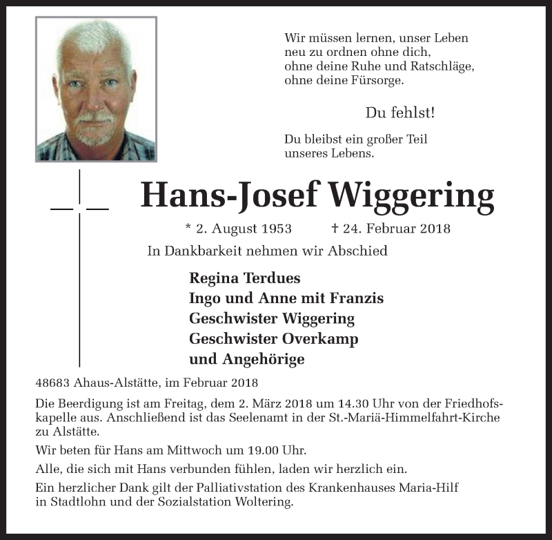  Traueranzeige für Hans-Josef Wiggering vom 27.02.2018 aus Münstersche Zeitung und Münsterland Zeitung