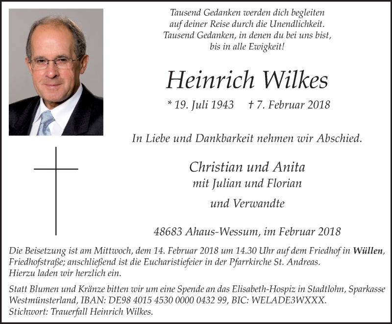  Traueranzeige für Heinrich Wilkes vom 09.02.2018 aus Münstersche Zeitung und Münsterland Zeitung