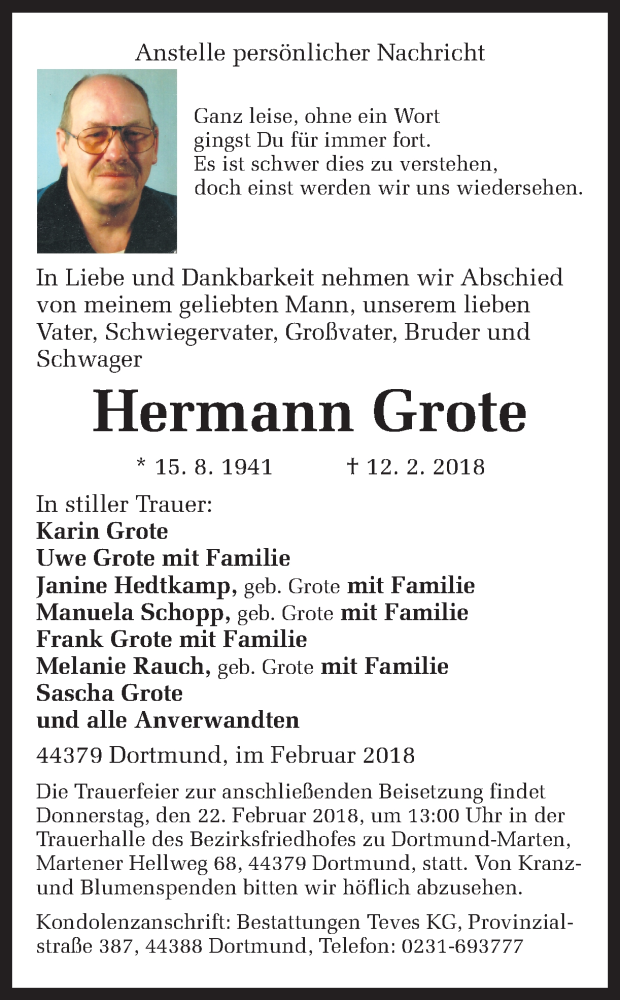  Traueranzeige für Hermann Grote vom 19.02.2018 aus Ruhr Nachrichten