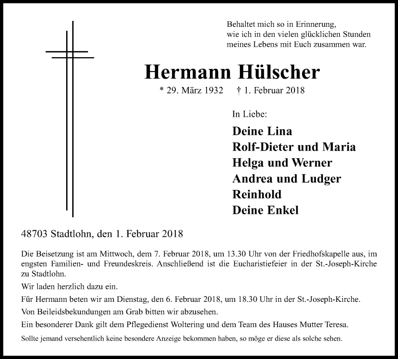  Traueranzeige für Hermann Hülscher vom 05.02.2018 aus Münstersche Zeitung und Münsterland Zeitung